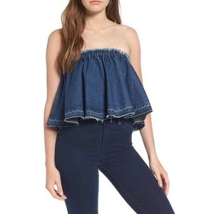 {J.O.A.} denim ruffle crop top strapless raw hem M